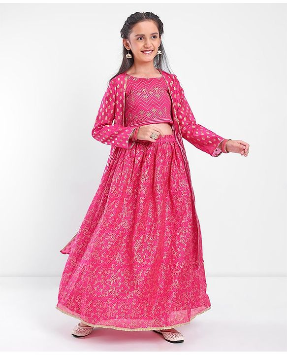 Pine Kids Choli & Lehenga With Full Sleeves Shurg Zari Design - Pink