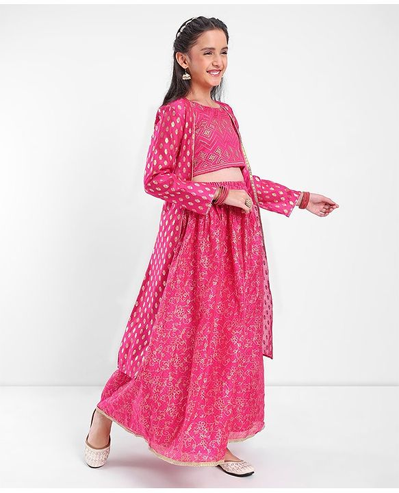Pine Kids Choli & Lehenga With Full Sleeves Shurg Zari Design - Pink