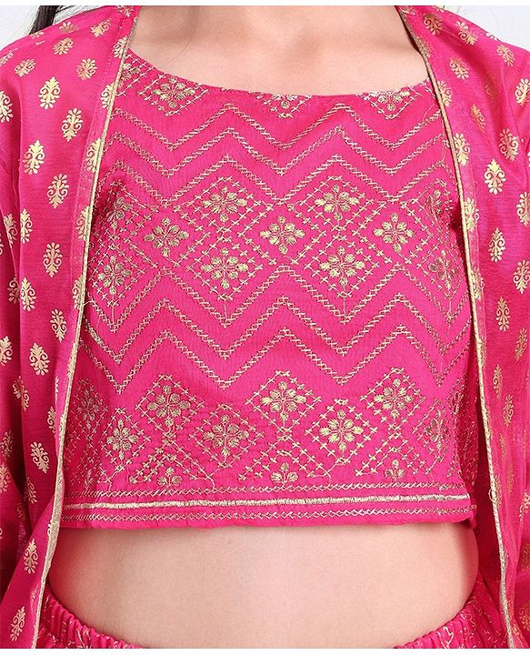 Pine Kids Choli & Lehenga With Full Sleeves Shurg Zari Design - Pink