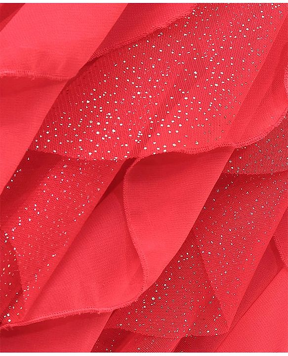Pine Kids Halter Neck Shimmer Multi Ruffles Knee Length Sleeveless Party Wear Dress- Coral Pink