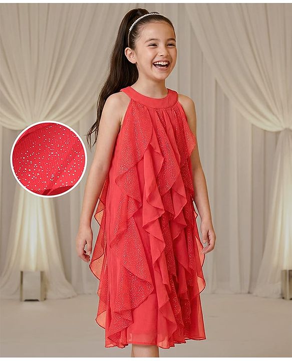 Pine Kids Halter Neck Shimmer Multi Ruffles Knee Length Sleeveless Party Wear Dress- Coral Pink