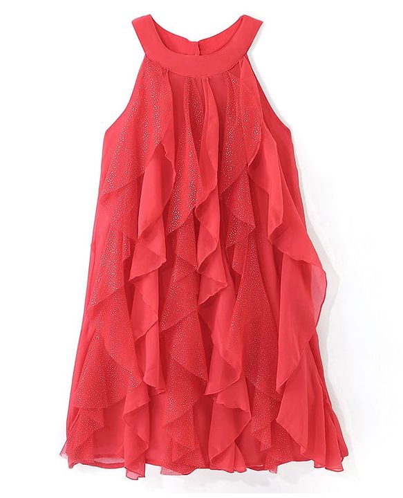 Pine Kids Halter Neck Shimmer Multi Ruffles Knee Length Sleeveless Party Wear Dress- Coral Pink