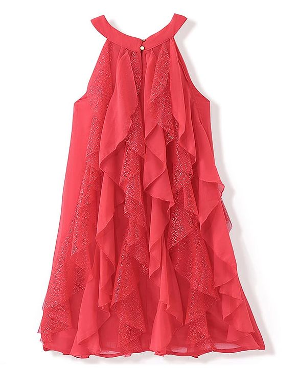 Pine Kids Halter Neck Shimmer Multi Ruffles Knee Length Sleeveless Party Wear Dress- Coral Pink