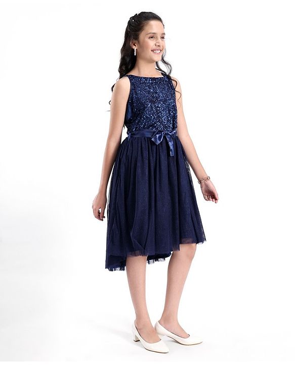 Pine Kids Sleeveless All Over Sequins Party Wear Dress - Navy