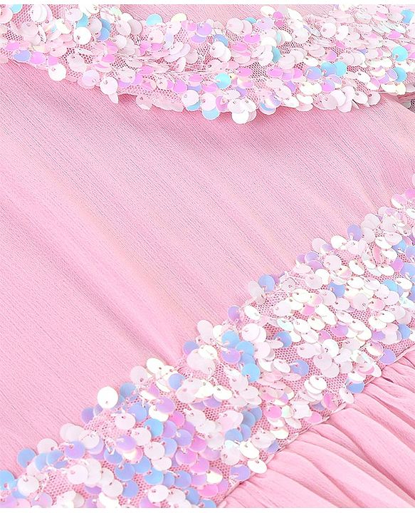 Pine Kids Half Sleeves Sequined Knee Length Party Wear Dress- Pink