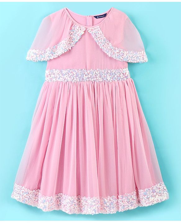 Pine Kids Half Sleeves Sequined Knee Length Party Wear Dress- Pink