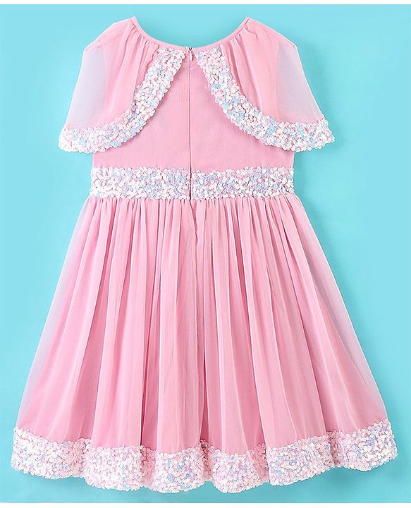Pine Kids Half Sleeves Sequined Knee Length Party Wear Dress- Pink