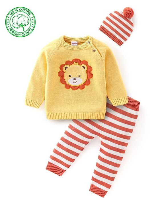 Babyhug Organic Full Sleeves Baby Sweater Set with Bear Design & Cap - Yellow & Red