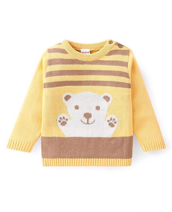 Babyhug Organic Full Sleeves Sweater Set & Cap with Bear Design - Yellow & Brown