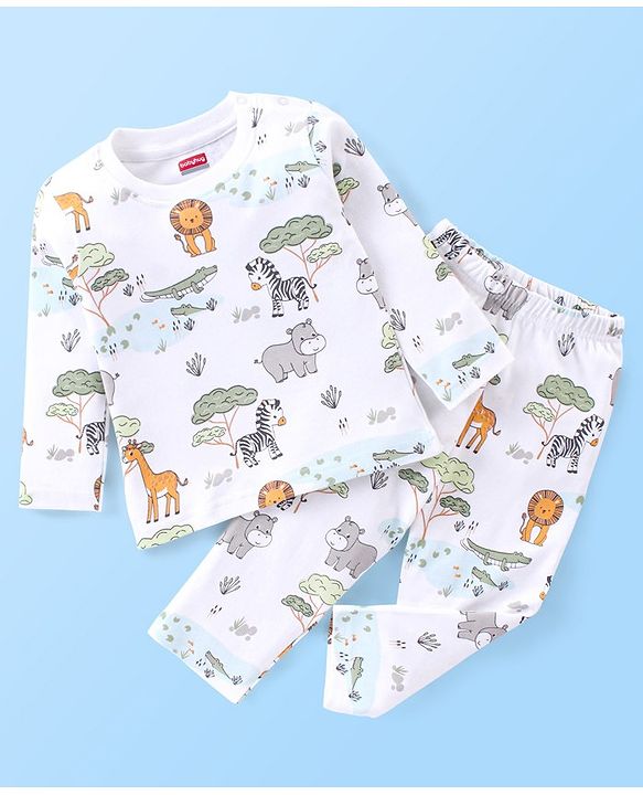 Babyhug Interlock Cotton Knit Full Sleeves Night Suit Jungle Print - White