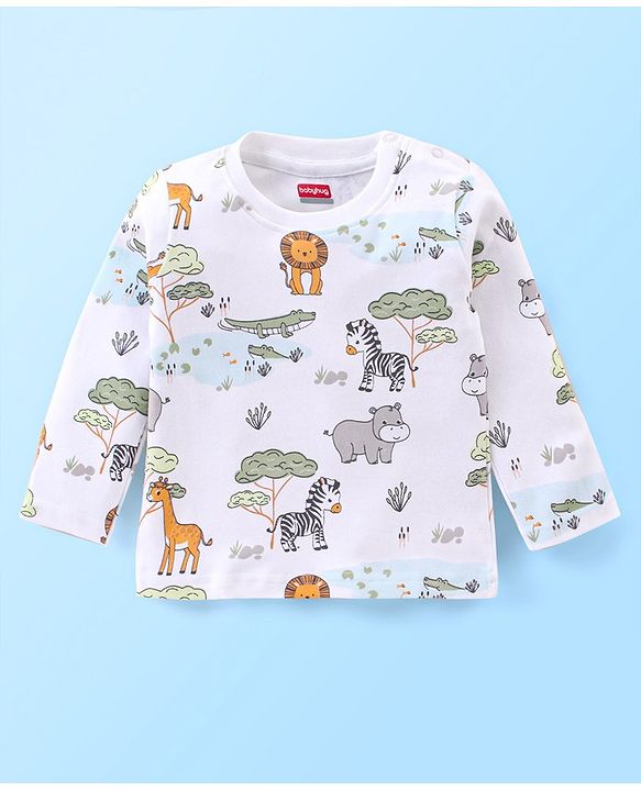 Babyhug Interlock Cotton Knit Full Sleeves Night Suit Jungle Print - White