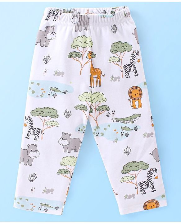 Babyhug Interlock Cotton Knit Full Sleeves Night Suit Jungle Print - White