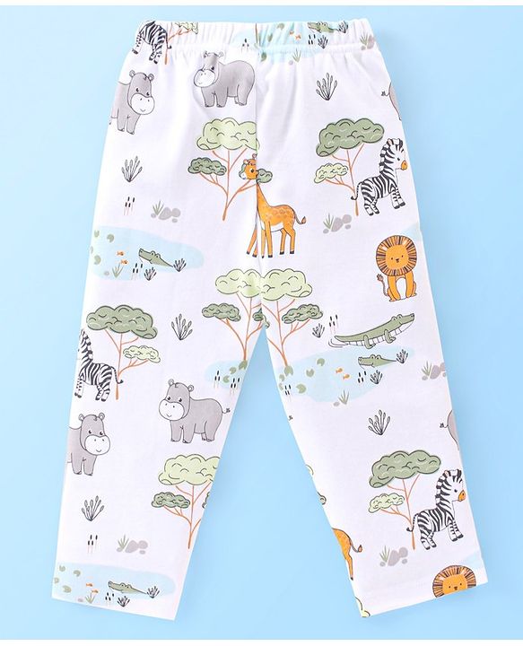 Babyhug Interlock Cotton Knit Full Sleeves Night Suit Jungle Print - White