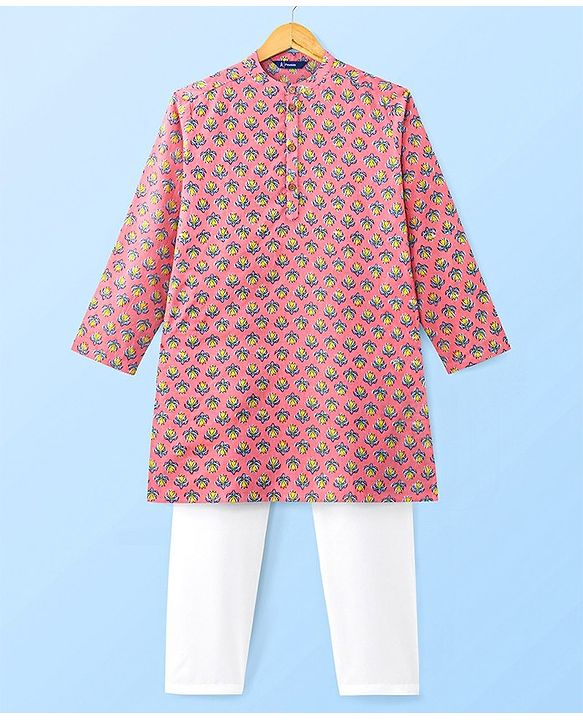 Pine Kids Full Sleeves Kurta Pyjama Set With Floral Print - Pink