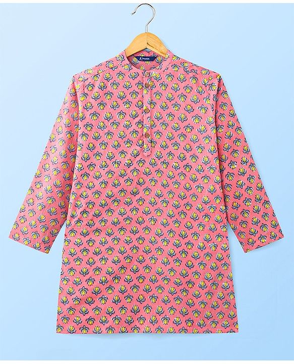 Pine Kids Full Sleeves Kurta Pyjama Set With Floral Print - Pink