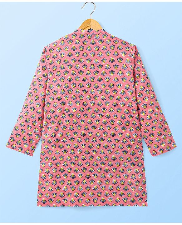 Pine Kids Full Sleeves Kurta Pyjama Set With Floral Print - Pink