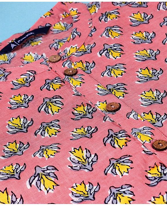 Pine Kids Full Sleeves Kurta Pyjama Set With Floral Print - Pink