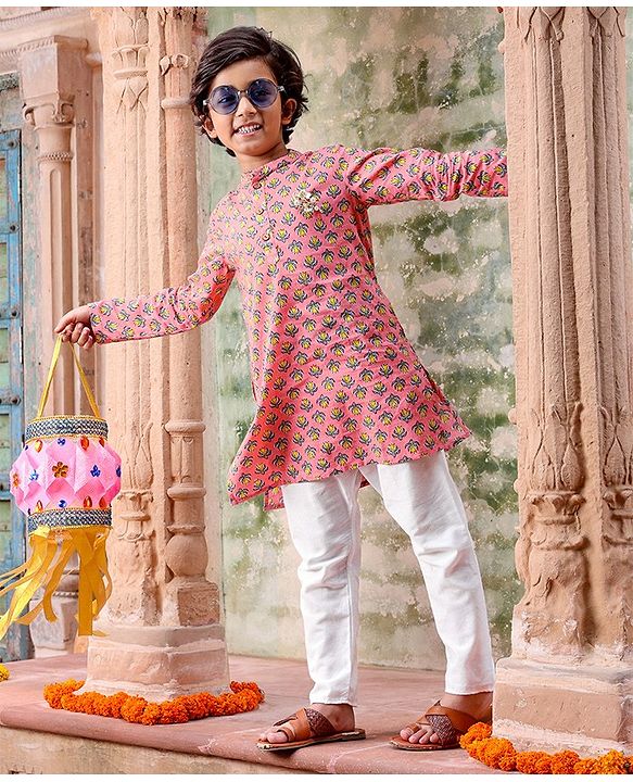 Pine Kids Full Sleeves Kurta Pyjama Set With Floral Print - Pink