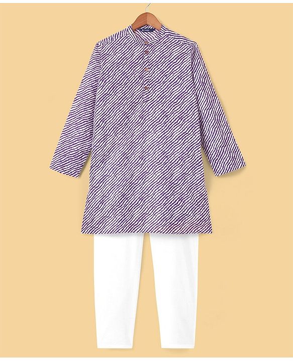 Pine Kids 100% Cotton Full Sleeves Printed Kurta & Pyjama Set- Purple