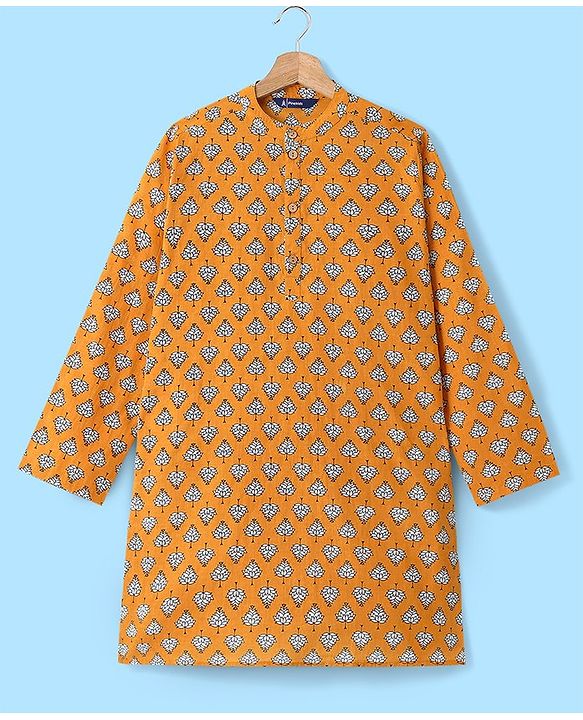 Pine Kids 100% Cotton Woven Full Sleeves Kurta & Pyjama Set Floral Print - Mustard