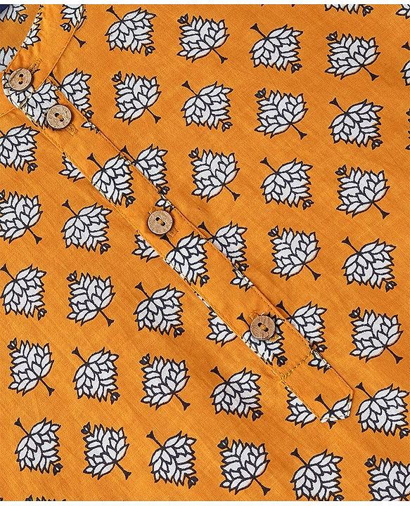 Pine Kids 100% Cotton Woven Full Sleeves Kurta & Pyjama Set Floral Print - Mustard