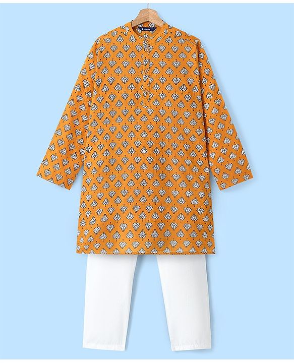 Pine Kids 100% Cotton Woven Full Sleeves Kurta & Pyjama Set Floral Print - Mustard