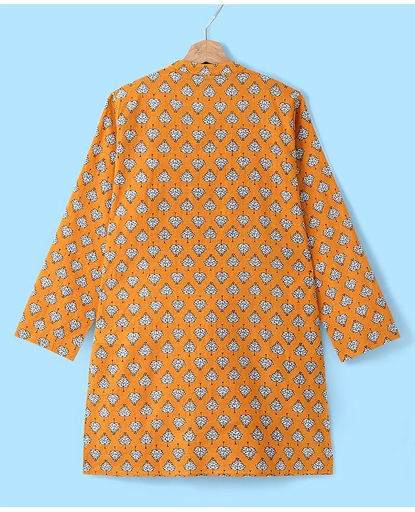 Pine Kids 100% Cotton Woven Full Sleeves Kurta & Pyjama Set Floral Print - Mustard