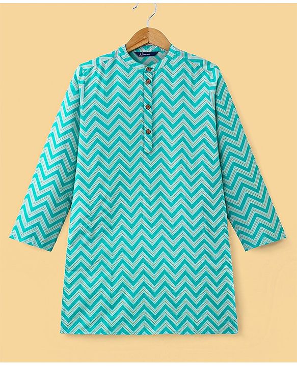 Pine Kids Full Sleeves Chevron Printed Kurta & Pyjama Set - Light Blue