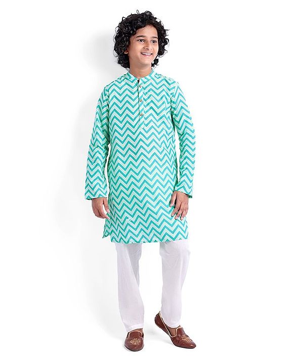 Pine Kids Full Sleeves Chevron Printed Kurta & Pyjama Set - Light Blue
