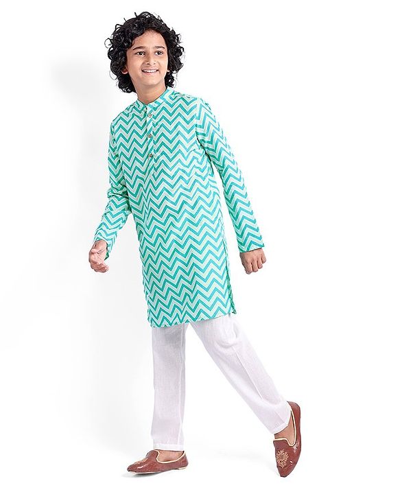 Pine Kids Full Sleeves Chevron Printed Kurta & Pyjama Set - Light Blue