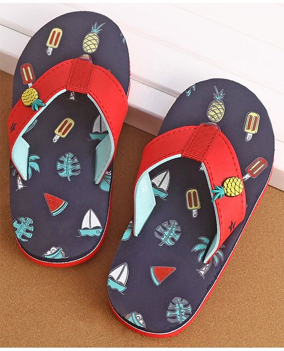 Cute Walk by Babyhug Slip On Style Flip Flops Fruit Graphics and Pineapple Applique - Navy