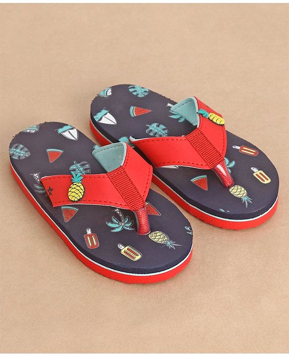 Cute Walk by Babyhug Slip On Style Flip Flops Fruit Graphics and Pineapple Applique - Navy