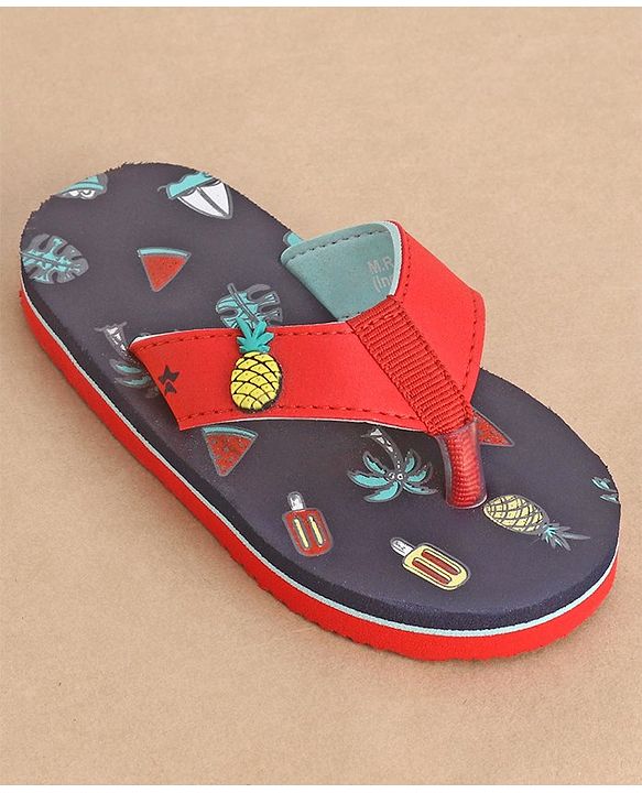 Cute Walk by Babyhug Slip On Style Flip Flops Fruit Graphics and Pineapple Applique - Navy