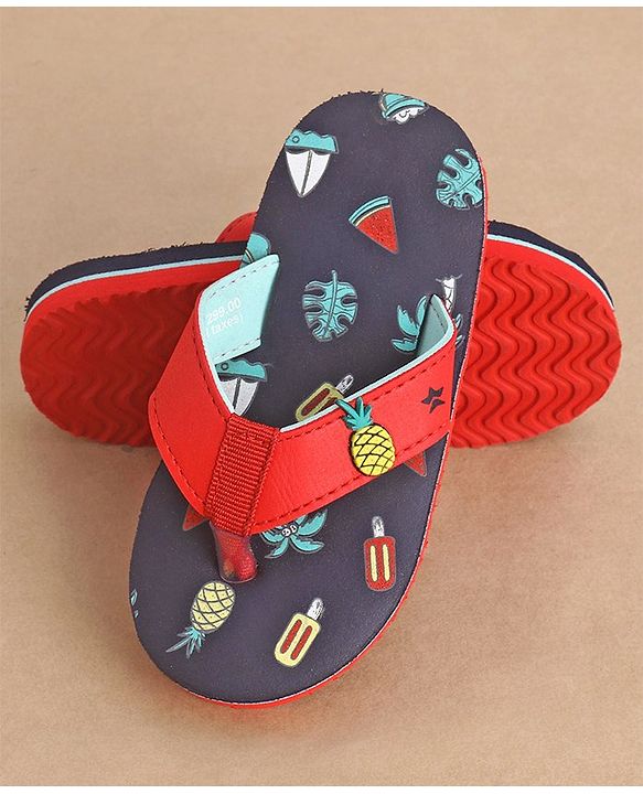 Cute Walk by Babyhug Slip On Style Flip Flops Fruit Graphics and Pineapple Applique - Navy