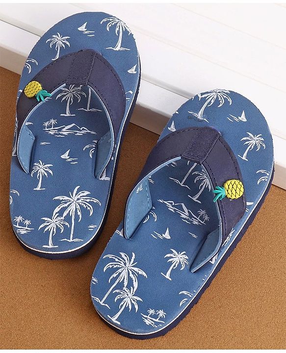 Cute Walk by Babyhug Slip On Style Palm Tree Graphics & Pineapple Applique Flip Flops - Blue