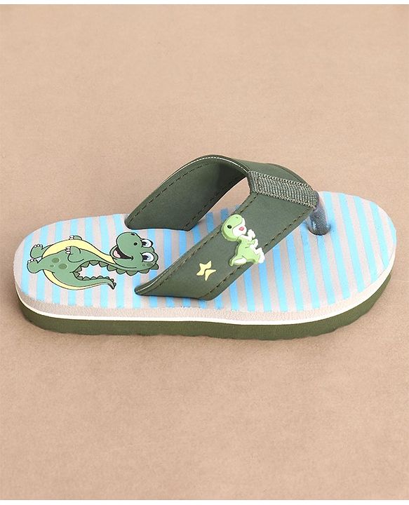 Cute Walk by Babyhug Striped & Dino Printed Slip On Flip Flops - Green & Blue