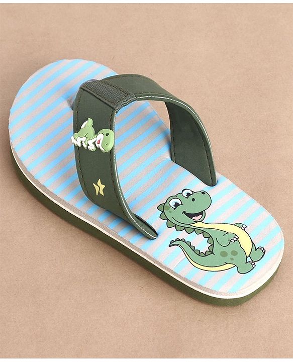 Cute Walk by Babyhug Striped & Dino Printed Slip On Flip Flops - Green & Blue