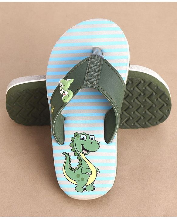 Cute Walk by Babyhug Striped & Dino Printed Slip On Flip Flops - Green & Blue