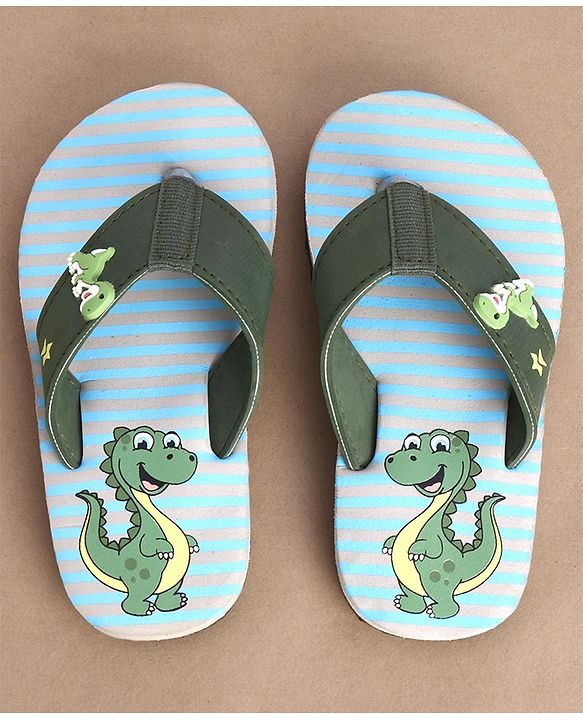 Cute Walk by Babyhug Striped & Dino Printed Slip On Flip Flops - Green & Blue