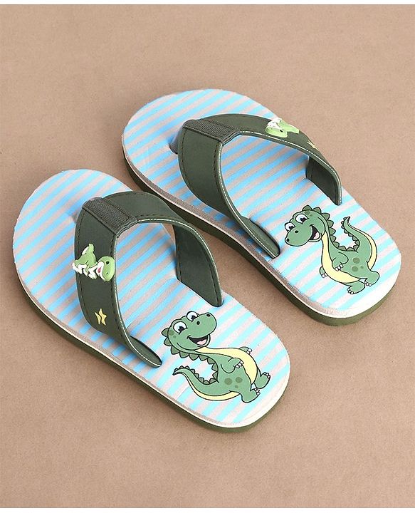 Cute Walk by Babyhug Striped & Dino Printed Slip On Flip Flops - Green & Blue