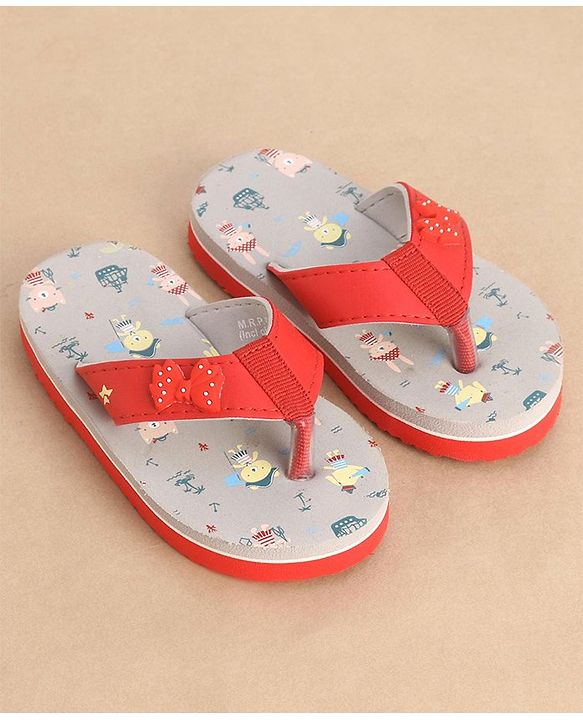 Cute Walk by Babyhug Slip On Style Anchor Graphics & Bow Applique Flip Flops - Grey