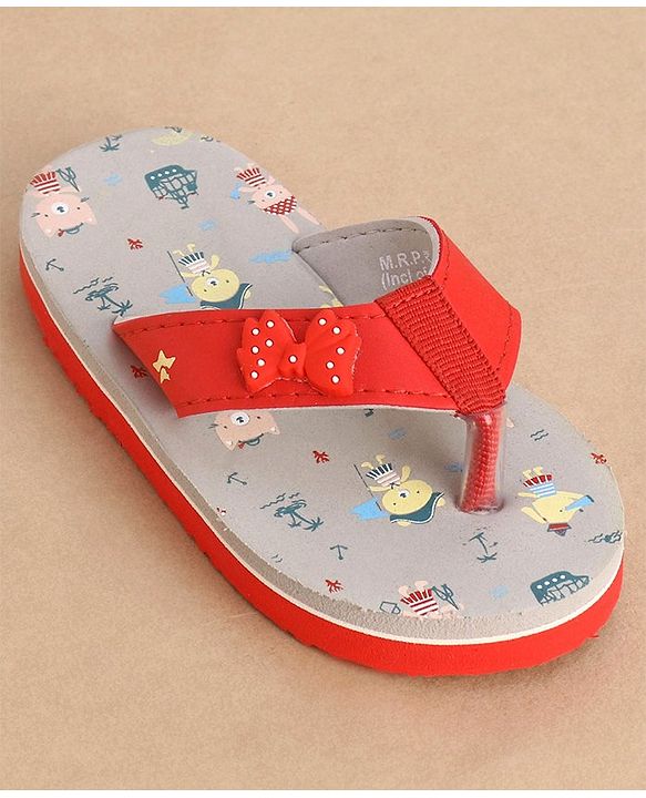 Cute Walk by Babyhug Slip On Style Anchor Graphics & Bow Applique Flip Flops - Grey