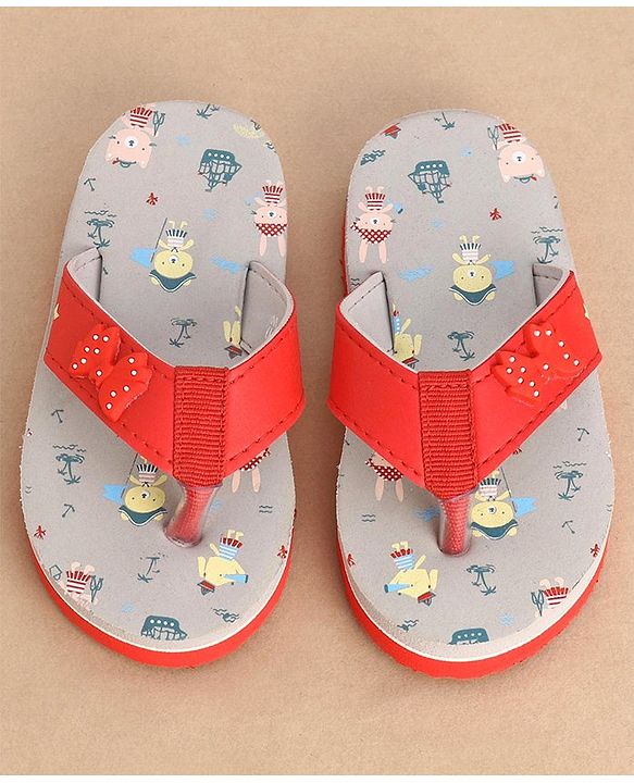 Cute Walk by Babyhug Slip On Style Anchor Graphics & Bow Applique Flip Flops - Grey