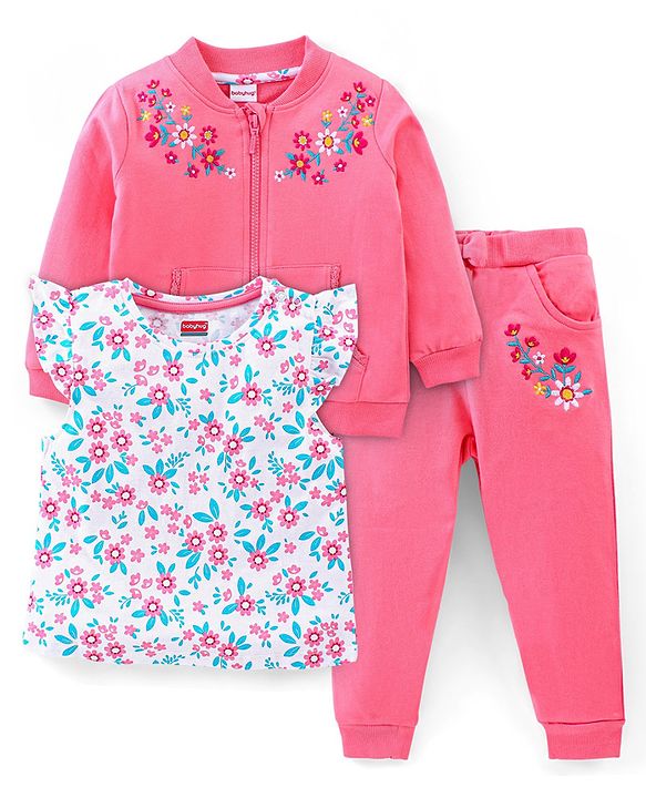 Babyhug 100% Cotton Full Sleeves Sweatshirt With Top & Lounge Pant Floral Print & Embroidery- Pink