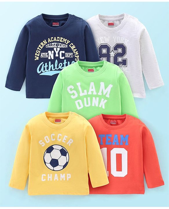 Babyhug 100% Cotton Jersey Knitted Full Sleeves T-Shirts Text Print Pack of 5 - Multicolour
