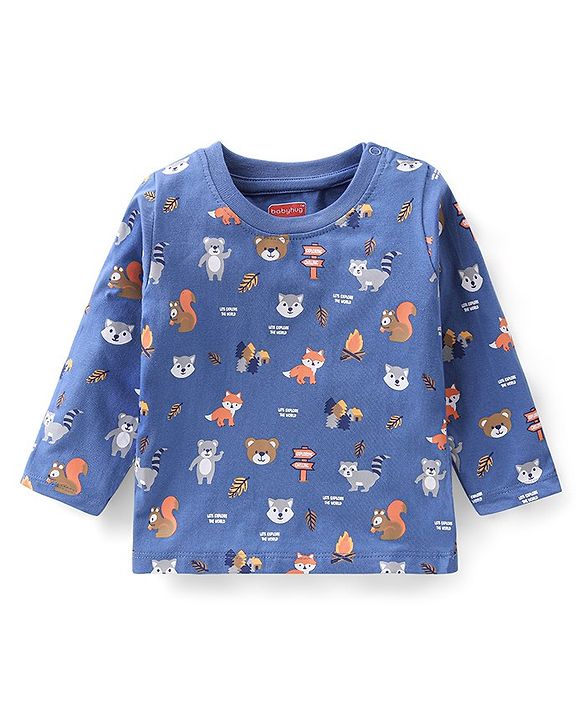 Babyhug Cotton Jersey Full Sleeves Tee With Fox Print - Orange &  Blue