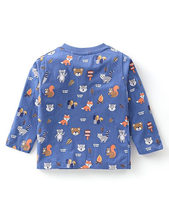 Babyhug Cotton Jersey Full Sleeves Tee With Fox Print - Orange &  Blue