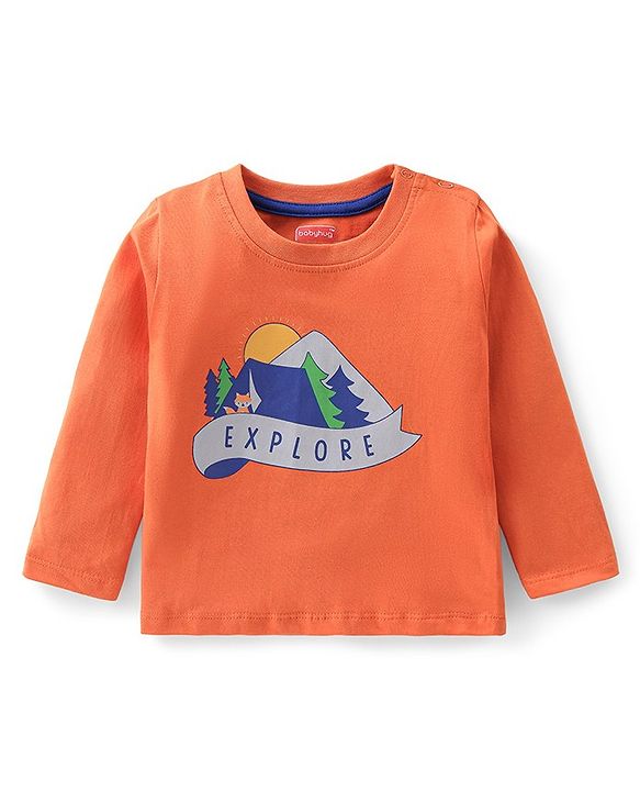 Babyhug Cotton Jersey Full Sleeves Tee With Fox Print - Orange &  Blue
