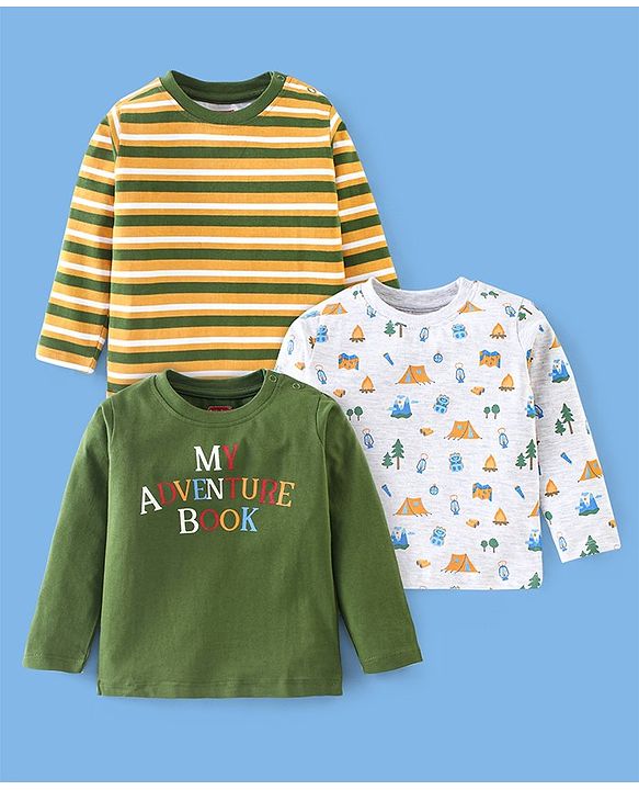 Babyhug 100% Cotton Full Sleeves T-Shirt Striped With Adventure Print Pack Of 3 - Green Yellow & White
