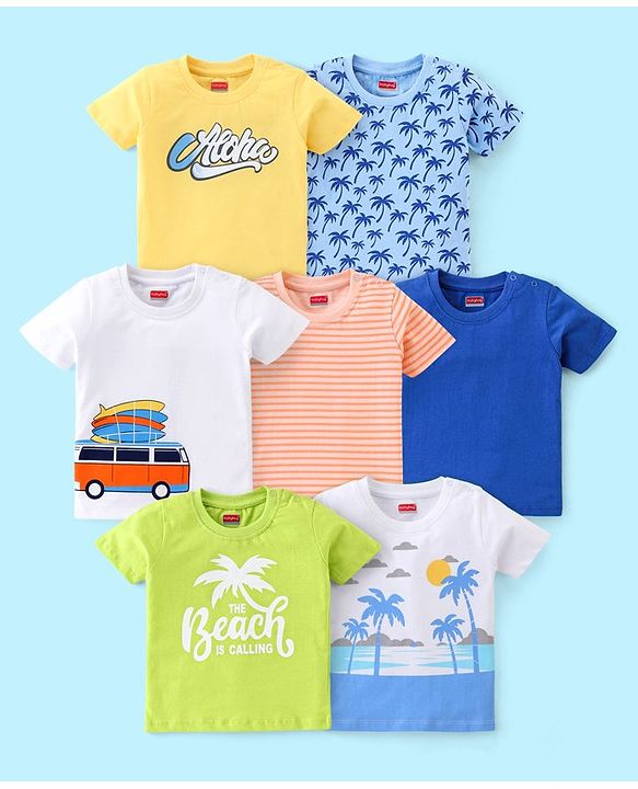 Babyhug 100% Cotton Jersey Knit Half Sleeves T-Shirts Beach Print Pack of 7 - Multicolour